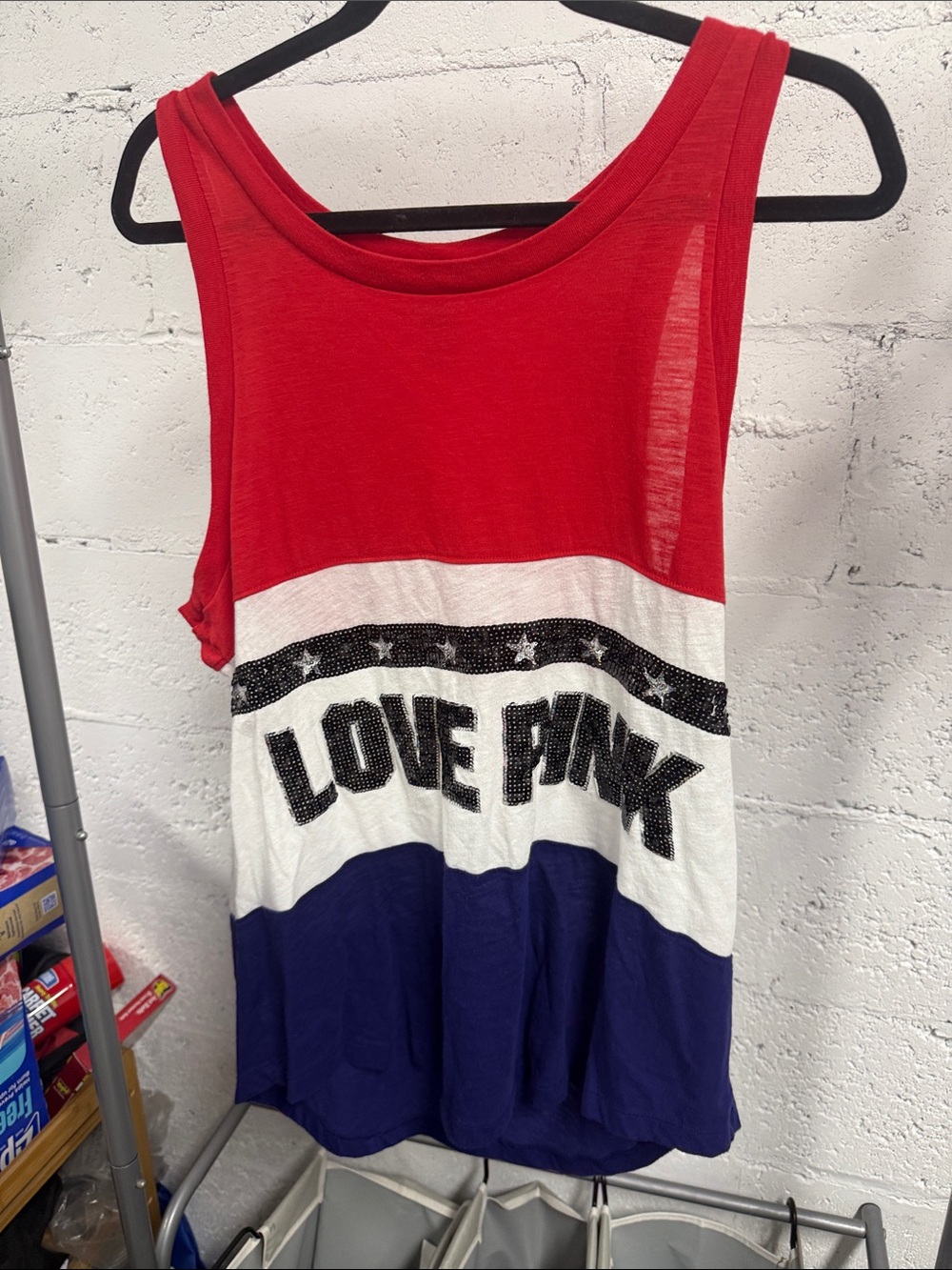 PINK Victoria's Secret Red, White & Blue 'LOVE PINK' Tank - Sequins Size Large
